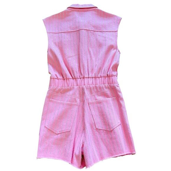 NEW blue b Light Pink Allover Rhinestone Pinstripe Raw Edge Denim Jean Romper S - Picture 5 of 6